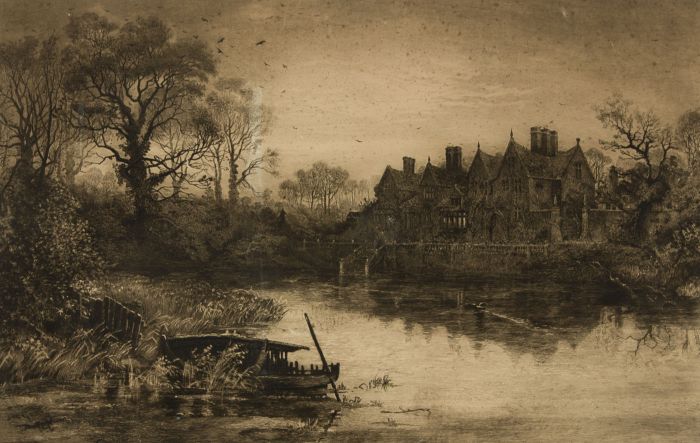 Signed Early 20th Century Etching - Lake Before a Mansion