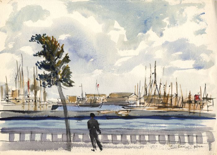 Irene Bache (1901-1999) - Signed 1957 Watercolour, Palma, Shipping After Sunset