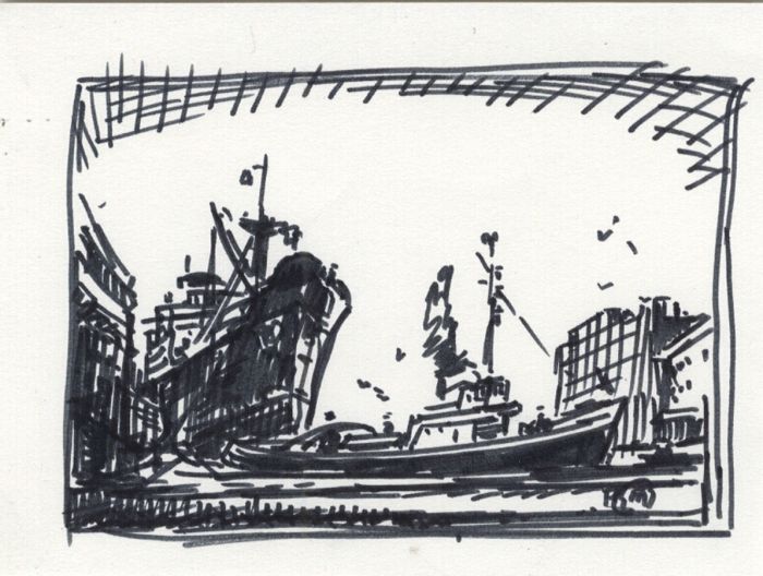 H.G. Moore - Set of  4 Mid 20th Century Pen and Ink Drawings, Ship Scenes