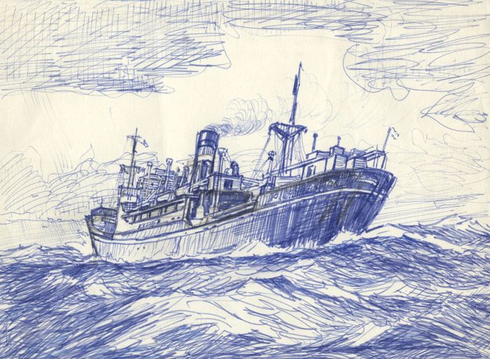 H.G. Moore - Mid 20th Century Pen and Ink Drawing, Ship at Sea