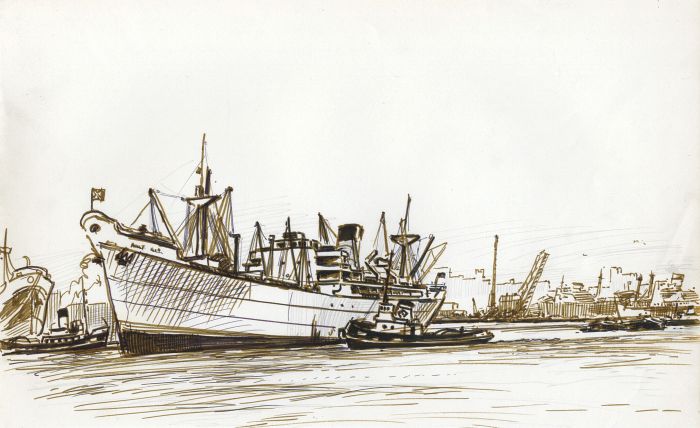 H.G. Moore - Set of 3 Mid 20th Century Pen and Ink Drawings, Ships at Harbour