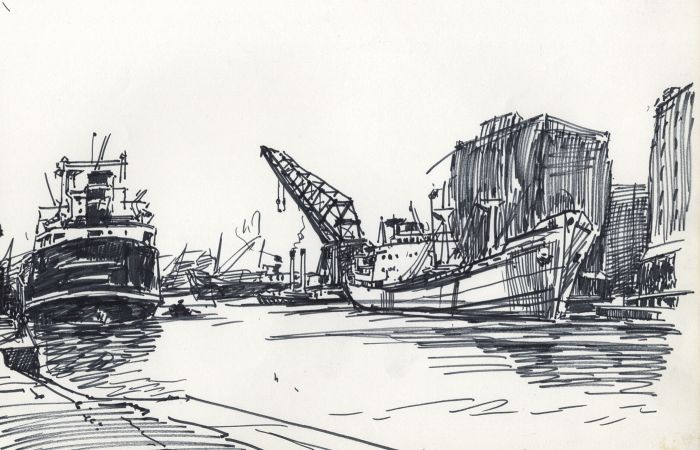 H.G. Moore - Set of 3 Mid 20th Century Pen and Ink Drawings, Ships at Port