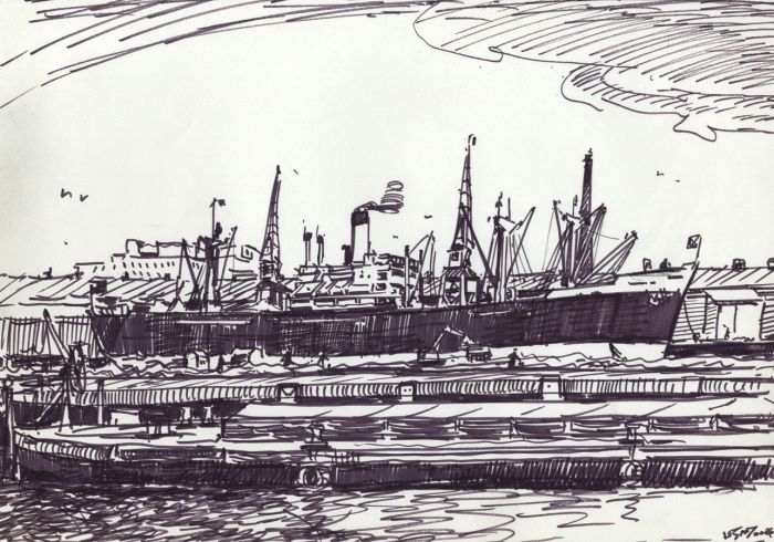 H.G. Moore - Pair of Mid 20th Century Pen and Ink Drawings, Harbour Scenes