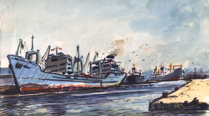 H.G. Moore - Set of 3 Mid 20th Century Mixed Media, Ship Views