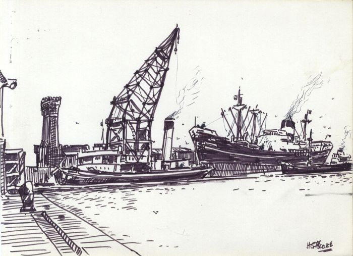 H.G. Moore - Set of 3 Mid 20th Century Pen and Ink Drawings - Docked Ships