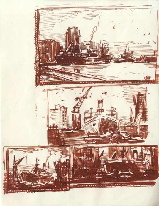 H.G. Moore - Set of 4 Mid 20th Century Pen and Ink Drawings - Ship Scenes