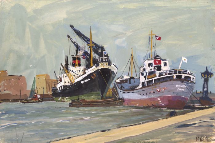 H.G. Moore - Monogrammed Mid 20th Century Oil, Ships at Port