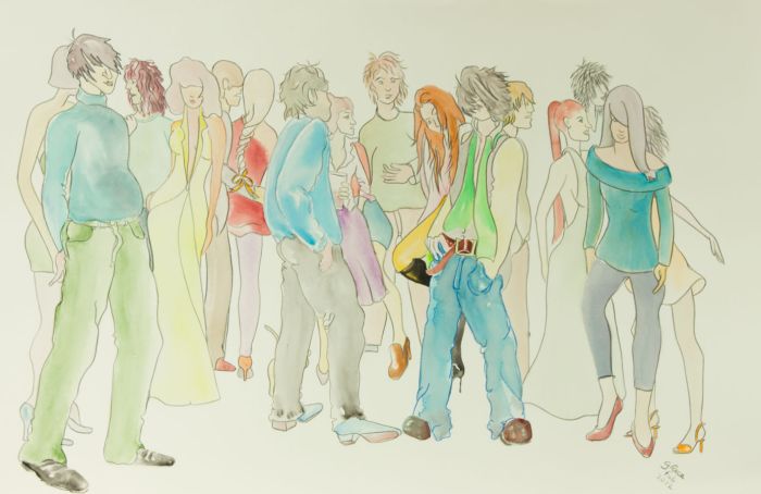 Grace Rice Grace Rice - 2012 Watercolour, Group of Figures at a Party