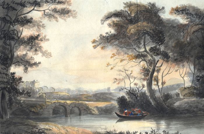 English School 1802 Watercolour - River Landscape with Figures in a Boat