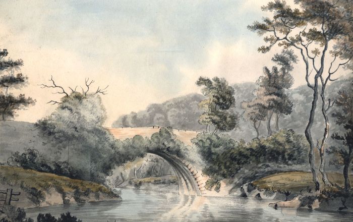 English School 1802 Watercolour - Stone Bridge in a River Landscape