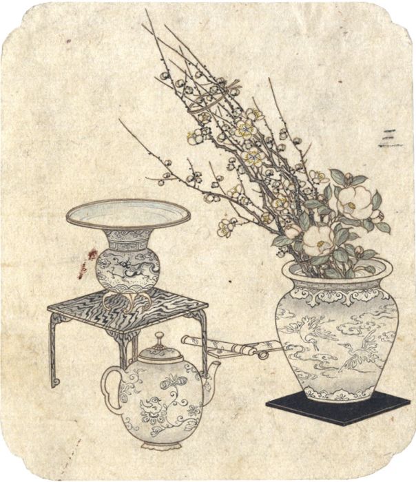 Fine Japanese 19th Century Watercolour - Interior Still Life with Ceramics