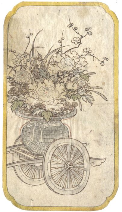 Fine Japanese 19th Century Watercolour - Wagon with Flowers
