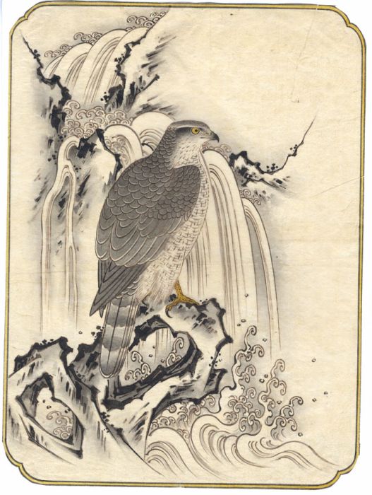 Fine Japanese 19th Century Watercolour - Hawk by a Waterfall