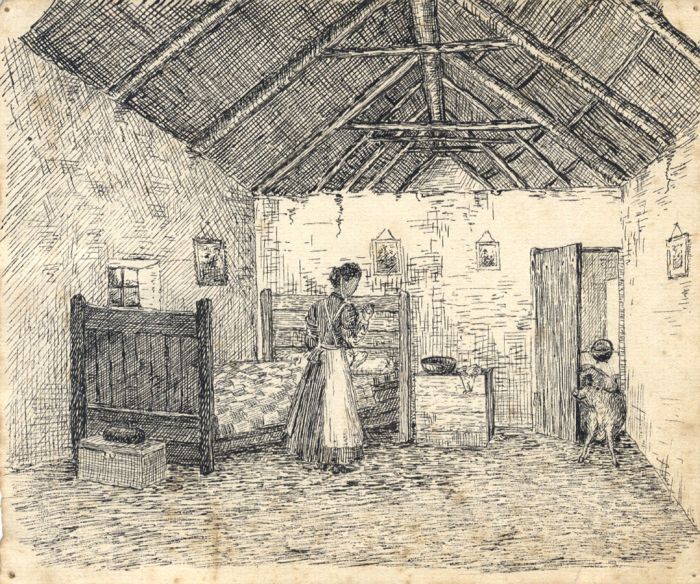 19th Century Pen and Ink Drawing - Woman in a Farmhouse Bedroom