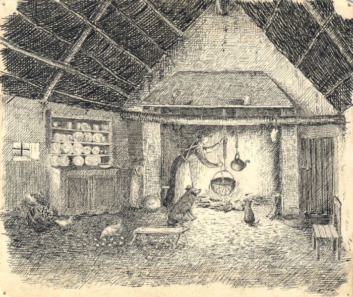 19th Century Pen and Ink Drawing - Woman Stirring Pot in Farmhouse Kitchen