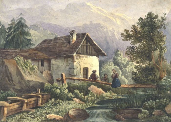 19th Century Watercolour - Figures Outside Stone Cottage in Mountain Landscape