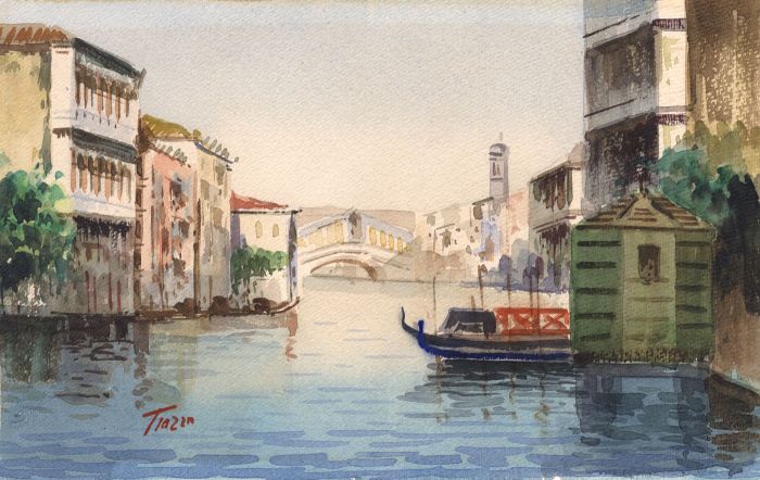 Tiazen - Mid 20th Century Watercolour, Rialto Bridge, Venice