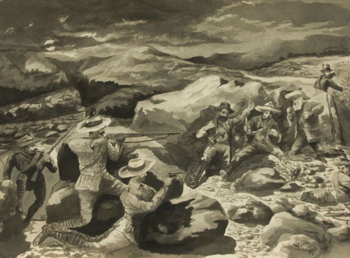 W. Baker - Signed Monochrome 1903 Watercolour, Boer War Scene