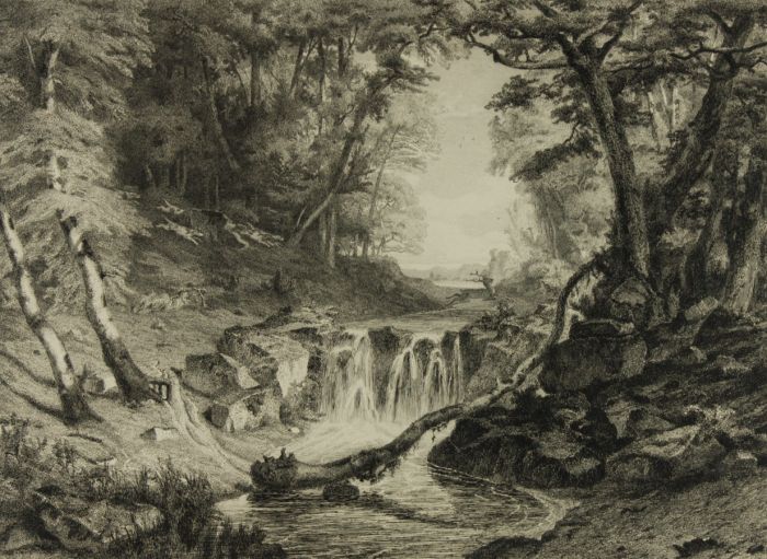 Louis-Leroy (1812–1885) - 1851 Etching, River Landscape with Leaping Stag