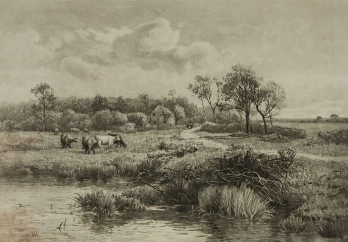 Thomas Pyne RI - Artist Proof 1885 Lithograph, Landscape with Cow Meadow