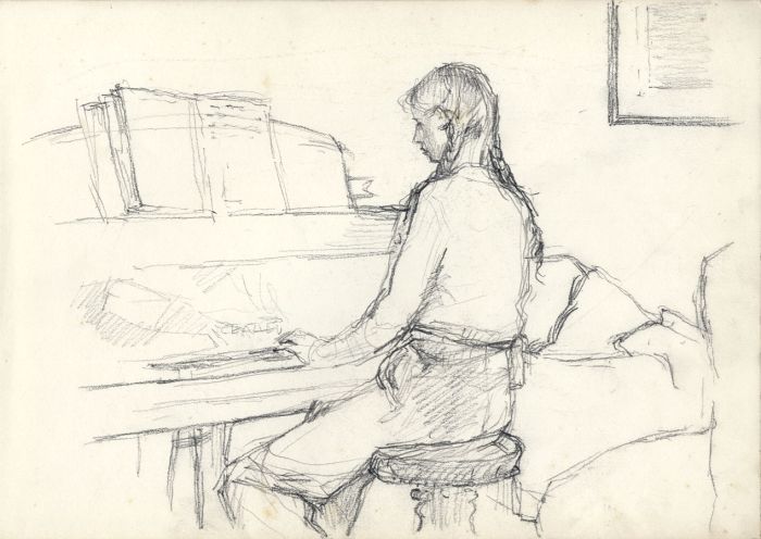 Maurice Feild (1905-1988) - 1970s Graphite Drawing, Girl at a Piano