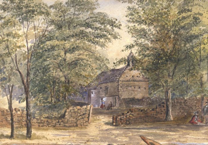 English School 19th Century Watercolour - House and Figures in Woodland