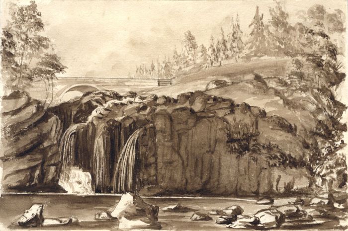 English School Sepia  19th Century Watercolour - Classical Waterfall Landscape