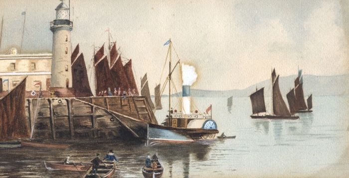 English School 19th Century Watercolour - Harbour with Steam Tug Boat