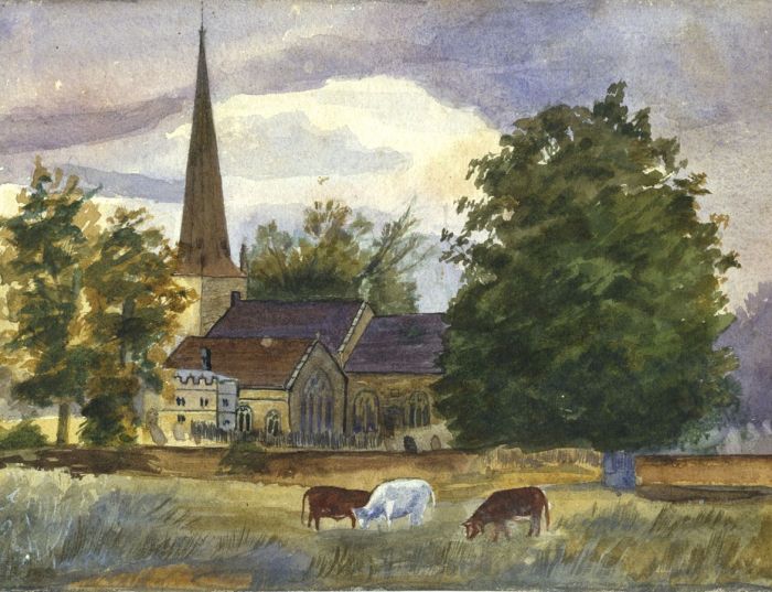 English School Mid 20th Century Watercolour - Landscape with a Church and Cattle