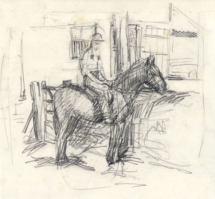 Maurice Feild (1905-1988) - 1970s Graphite Drawing, Man on a Horse at a Stable