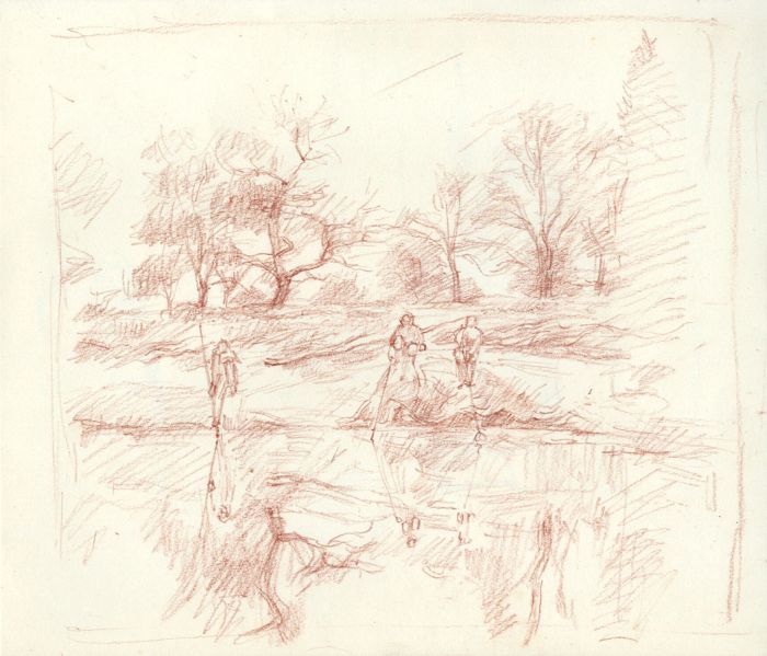 Maurice Feild (1905-1988) - 1970s Graphite Drawing, Fishermen in a Landscape