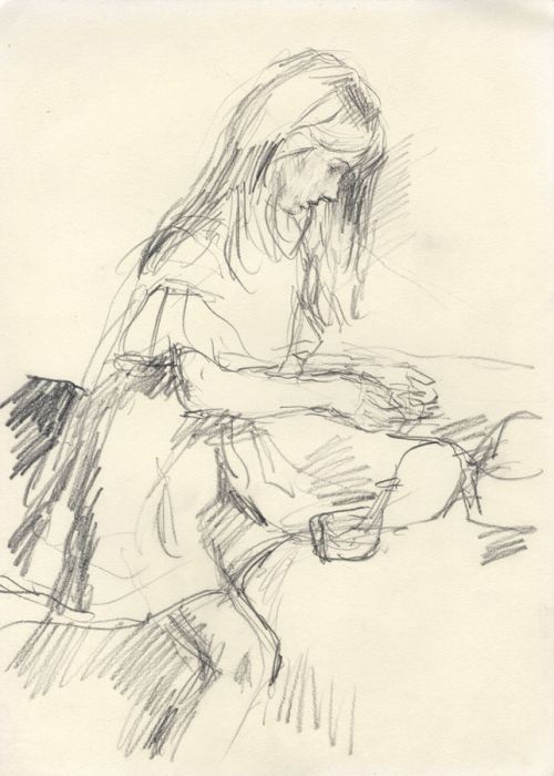 Maurice Feild (1905-1988) - 1970s Graphite Drawing, Study of a Young Girl Sewing