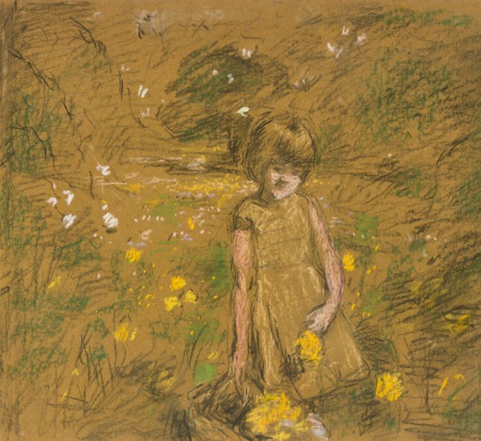 Maurice Feild (1905-1988) - Mid 20th Century Pastel, Girl Picking Flowers