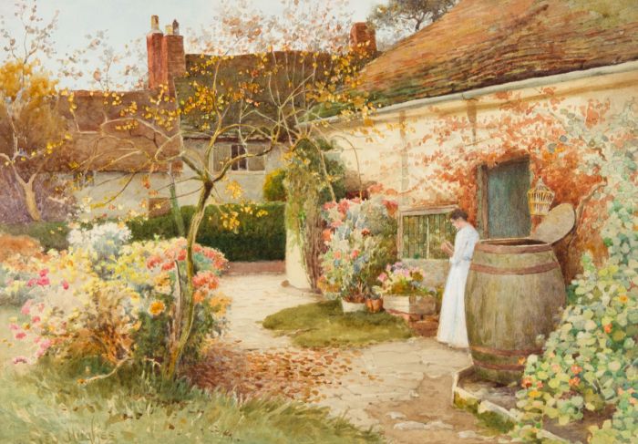 George Hart Hughes (fl. 1839-1921) - Signed Watercolour, Lady in a Garden