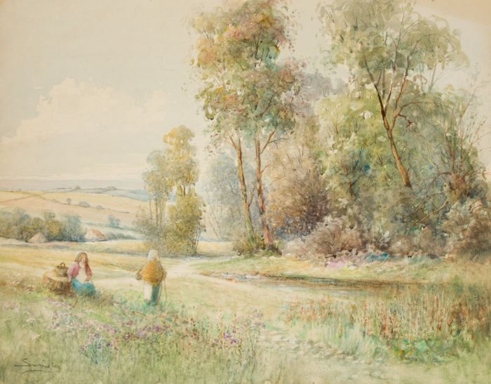John Frank Swingler - 19th Century Watercolour, Figures on a River Bank