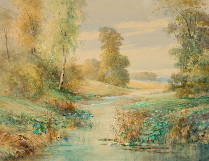 John Frank Swingler - 19th Century Watercolour, River Landscape with Sheep