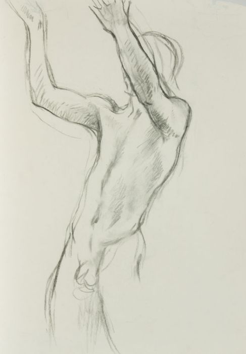 Barbara Dorf - Mid 20th Century Charcoal Drawing, Male Nude with Arms Raised