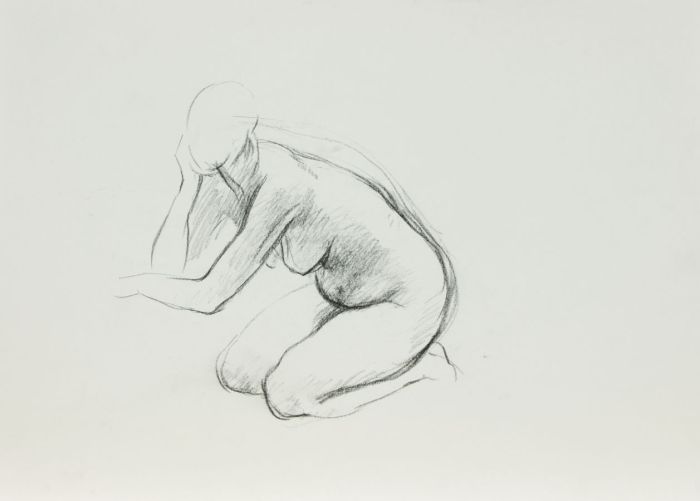 Barbara Dorf - Mid 20th Century Charcoal Drawing, Kneeling Female Nude