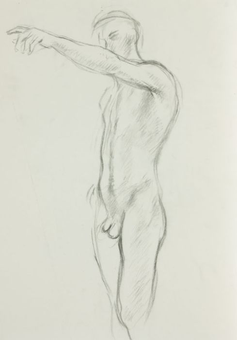 Barbara Dorf - Mid 20th Century Charcoal Drawing, Pointing Male Nude
