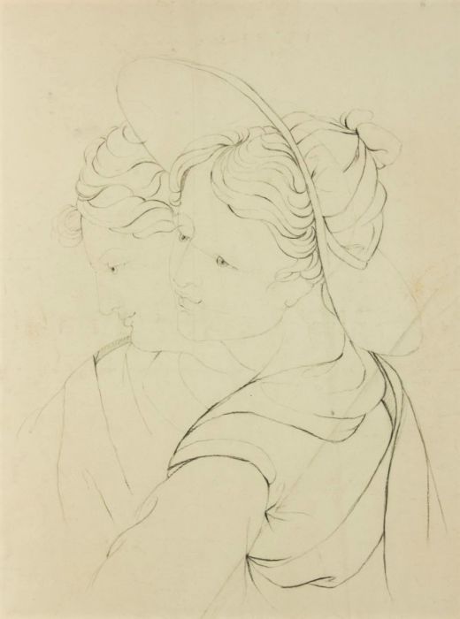 Classical Late 19th Century Graphite Drawing - Portrait of Two Women
