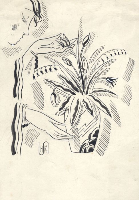 Hector McDonald Sutton (1903-1992) - Pen and Ink, Woman and Vase of Flowers