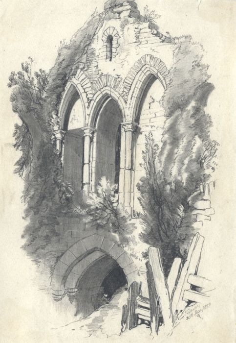 James Davey - Fine Signed 1850 Graphite Drawing, Church Ruin
