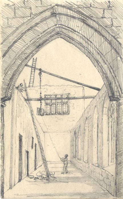 English School Mid 19th Century Graphite Drawing - Men Building an Abbey