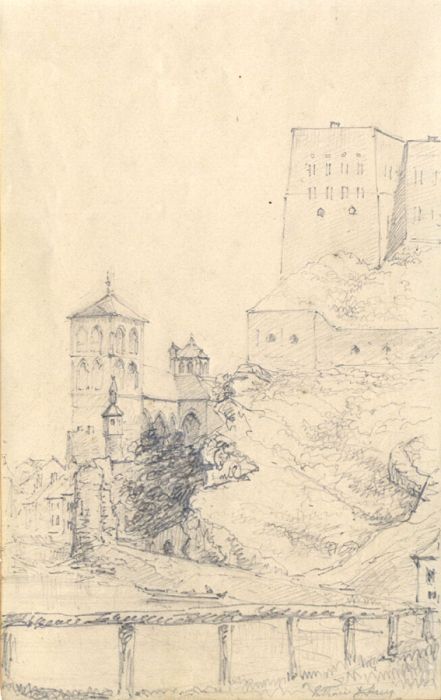 English School Mid 19th Century Graphite Drawing - Buildings on a Hillside