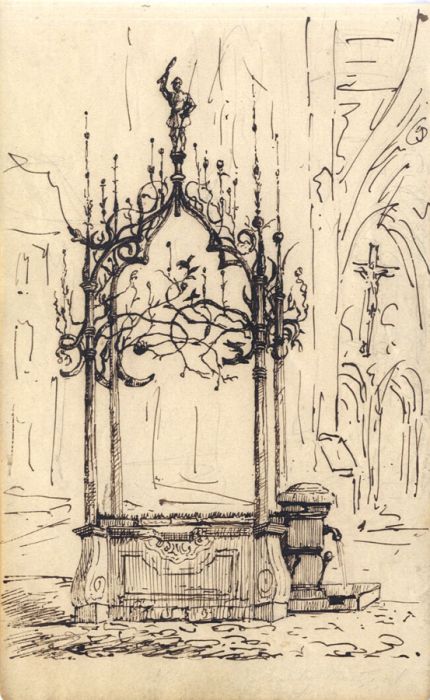 English School Mid 19th Century Pen and Ink Drawing - Font in a Church Interior