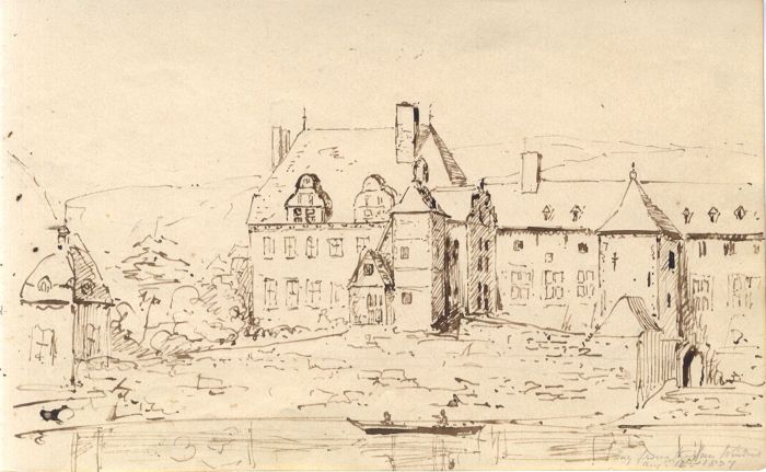 English School 1857 Pen and Ink Drawing - Hay from the Inn Window