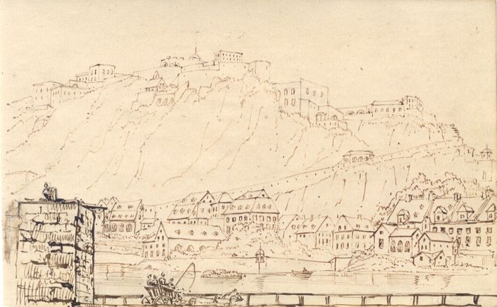 English School Mid 19th Century Pen and Ink Drawing - Hilled Town