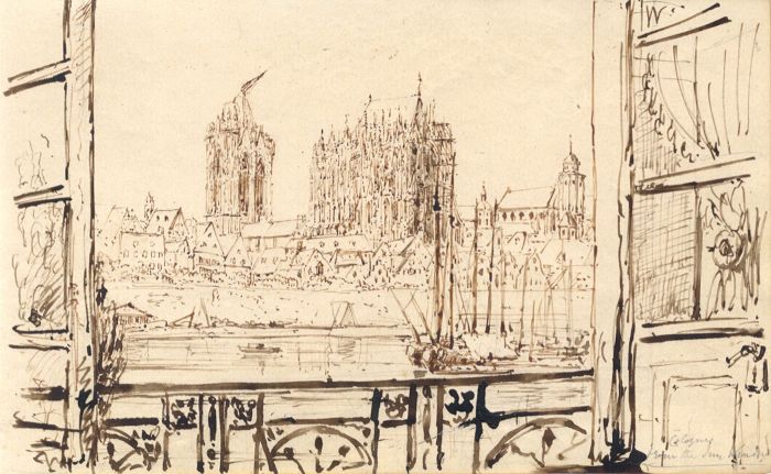 English School Mid 19th Century Pen and Ink Drawing- Cologne from the Inn Window