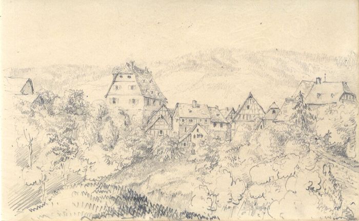 English School Mid 19th Century Graphite Drawing - Timber Houses in Mountains