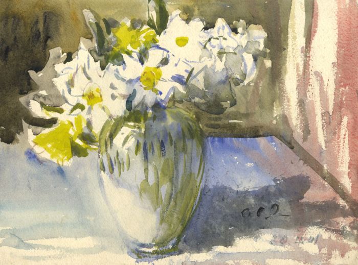 A.C. Luce - Signed, Double Sided 1941 Watercolour, Still Life of Daffodils